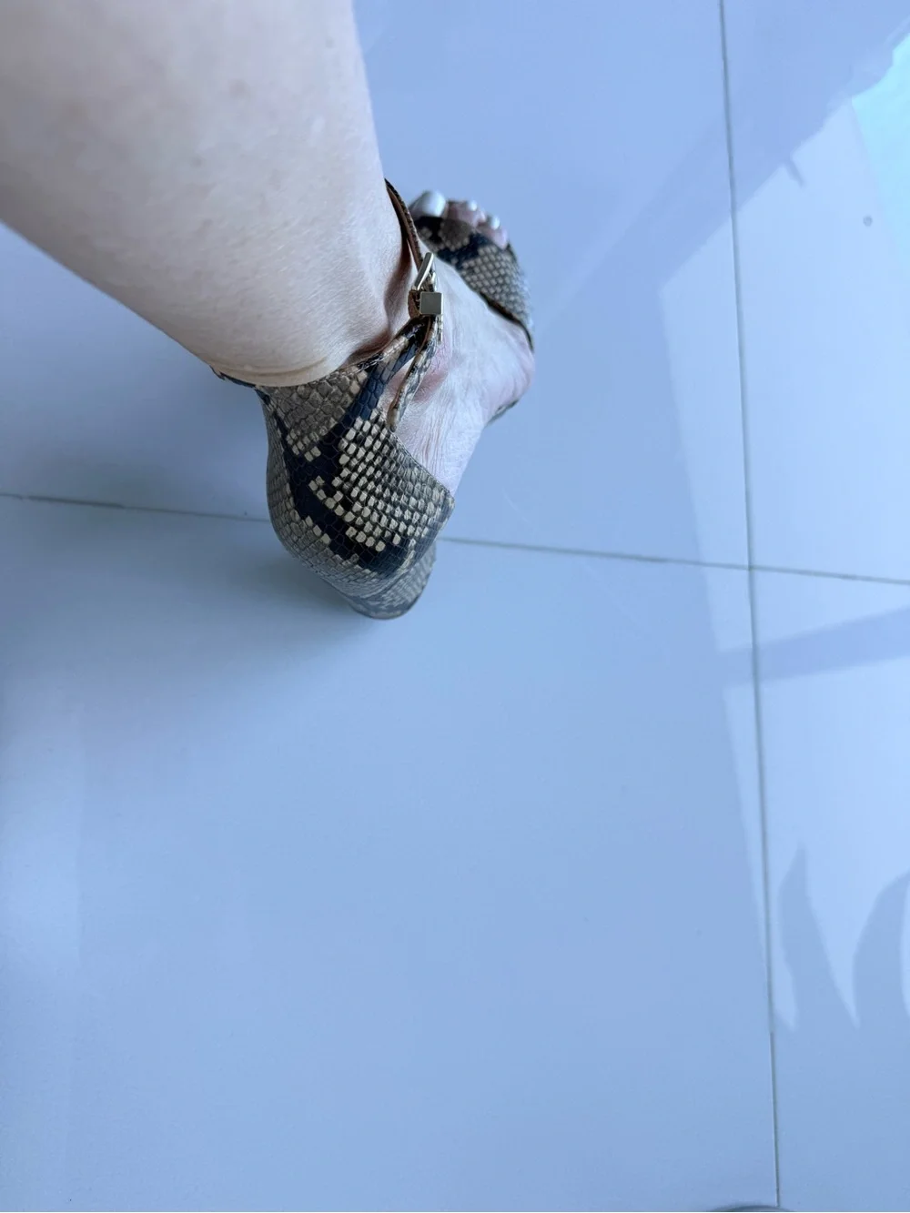 Michael Kors Snake-Print Ankle Strap Heels in Beige and Black
